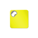 A drink bottle opener in bright yellow with a square shape and a metal opening mechanism. Features a logo.