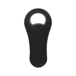 A black paddle-shaped bottle opener with a circular opening, featuring a smooth ergonomic design.