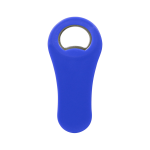 A drink bottle opener in a vibrant blue colour, featuring a rounded handle and a bottle cap opening section.