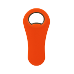 A drink bottle opener in a vibrant orange colour, featuring a circular opening and a smooth paddle shape.