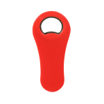 A red paddle-shaped bottle opener with a circular opening and a smooth finish, featuring a logo.