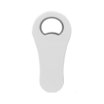 A drink bottle opener with a paddle shape, featuring a white finish and a metal insert for bottle caps.