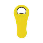 A paddle-shaped bottle opener in bright yellow with a circular opening and a smooth handle, featuring a logo.