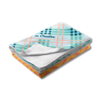 A folded sublimated sports towel featuring a colourful plaid design with a white terry backing and a logo.