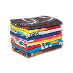 A stack of colourful sublimated beach towels in various patterns, featuring a logo on the top towel.