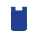 A blue wavy silicone phone wallet with a sleek design and a logo. Suitable for carrying cards and cash.