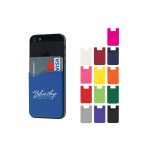 A blue silicone phone wallet with a logo, holding a card, alongside various coloured phone wallets in a grid layout.