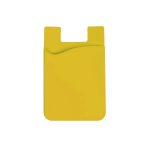 A yellow wavy silicone phone wallet with a slot for cards and a rounded shape. It features a simple design and has a logo.