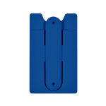 A blue phone wallet designed to attach to devices, featuring a simple, sleek design and a logo.