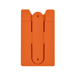 An orange phone wallet with a secure grip and a branding logo. Designed for holding cards and small items.