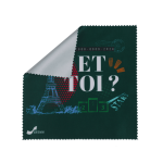 A small green microfibre cleaning cloth featuring a design with the Eiffel Tower and a logo.