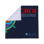 A small microfibre cleaning cloth featuring vibrant colours and a decorative pattern, with a logo in the corner.