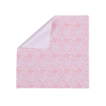A pink microfibre cleaning cloth with a floral pattern, featuring a scalloped edge. It has a logo on one side.