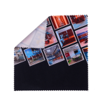 A small microfibre cleaning cloth featuring a colourful design with images and a black border. It has a logo.