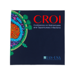 A dark blue microfibre cleaning cloth featuring a colourful virus illustration and a logo.