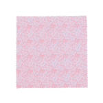 A small pink microfibre cleaning cloth featuring a floral pattern and a scalloped edge. Includes a logo.