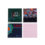 Four small microfibre cleaning cloths in various designs and colours, featuring images such as the Eiffel Tower and virus patterns. Each cloth has a distinct logo.
