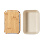 A natural bamboo lunch box with a beige container and a wooden lid. The design is simple and eco-friendly.