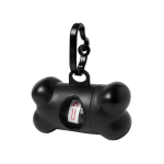 A black dog waste bag dispenser in a bone shape, featuring a clip for easy attachment.