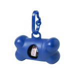 A blue, bone-shaped dog waste bag dispenser with a clip for attachment, containing a roll of waste bags inside.
