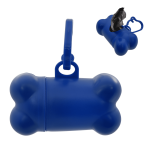 A blue dog-shaped waste bag dispenser with a clip. It features a compartment for waste bags.