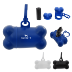 A blue bone-shaped dog waste bag dispenser with a clip and a roll of bags inside. Features a logo on the side.
