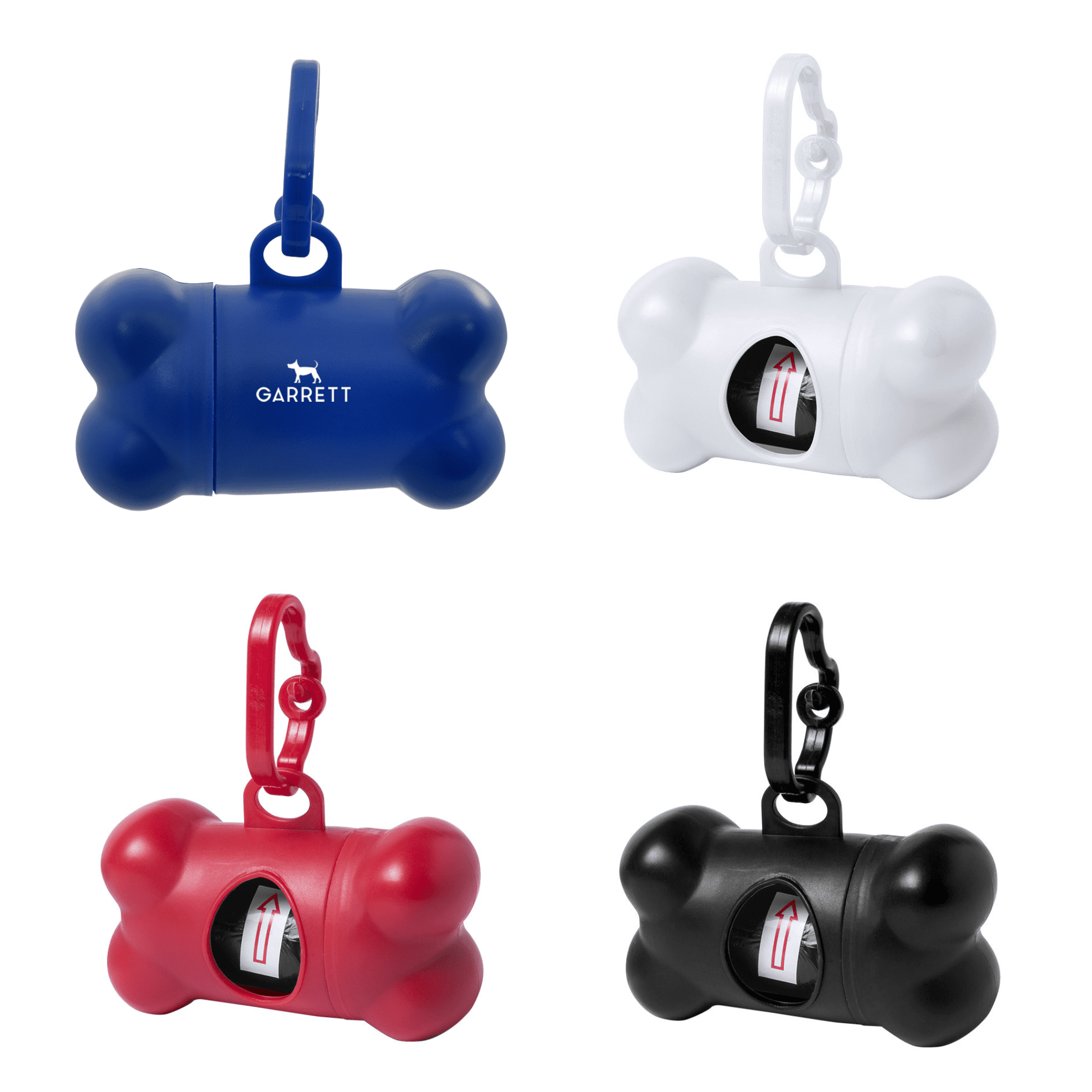 A collection of four bone-shaped dog waste bag dispensers in blue, white, red, and black, featuring a clip for attachment. A collection of four bone-shaped dog waste bag dispensers in blue, white, red, and black, featuring a clip for attachment.
