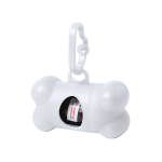 A white bone-shaped doggie waste bag dispenser with a clip, containing a roll of waste bags inside.