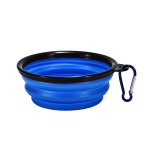 A collapsible pet bowl in blue with black accents and a carabiner for easy attachment.