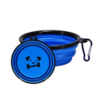 A blue and black silicone collapsible pet bowl with a bone design and a carabiner for attachment.