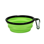 A green silicone collapsible pet bowl with a black rim and a carabiner clasp. Ideal for pet accessories.