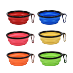 A set of six silicone collapsible pet bowls in red, blue, pink, yellow, orange, and green, each with a black rim and clip.