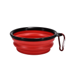 A red silicone collapsible pet bowl with a black rim and a carabiner attachment. Features a logo on the side.