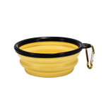 A collapsible pet bowl in yellow with a black rim, featuring a carabiner attachment for easy carrying.