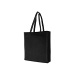 A black tote bag with two handles and a simple design, featuring a logo on the front.