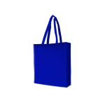 A bright blue tote bag with two handles and a simple design, featuring a logo on one side.