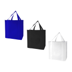 A blue, black, and white Zefa tote bag with dual handles and a simple design. Each bag features branding.