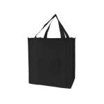 A black tote bag with sturdy handles and a simple design. Features a logo on the front.