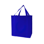 A blue tote bag with two handles and a large opening, featuring a logo.