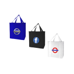 Three tote bags in blue, black, and white, each featuring a different logo on the front.