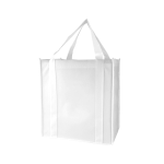A white tote bag with sturdy handles and a spacious design. It features a logo on one side.