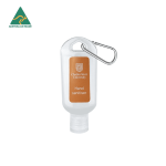 A clear hand sanitiser in a 30ml bottle with a carabiner, featuring a logo and a beige label.