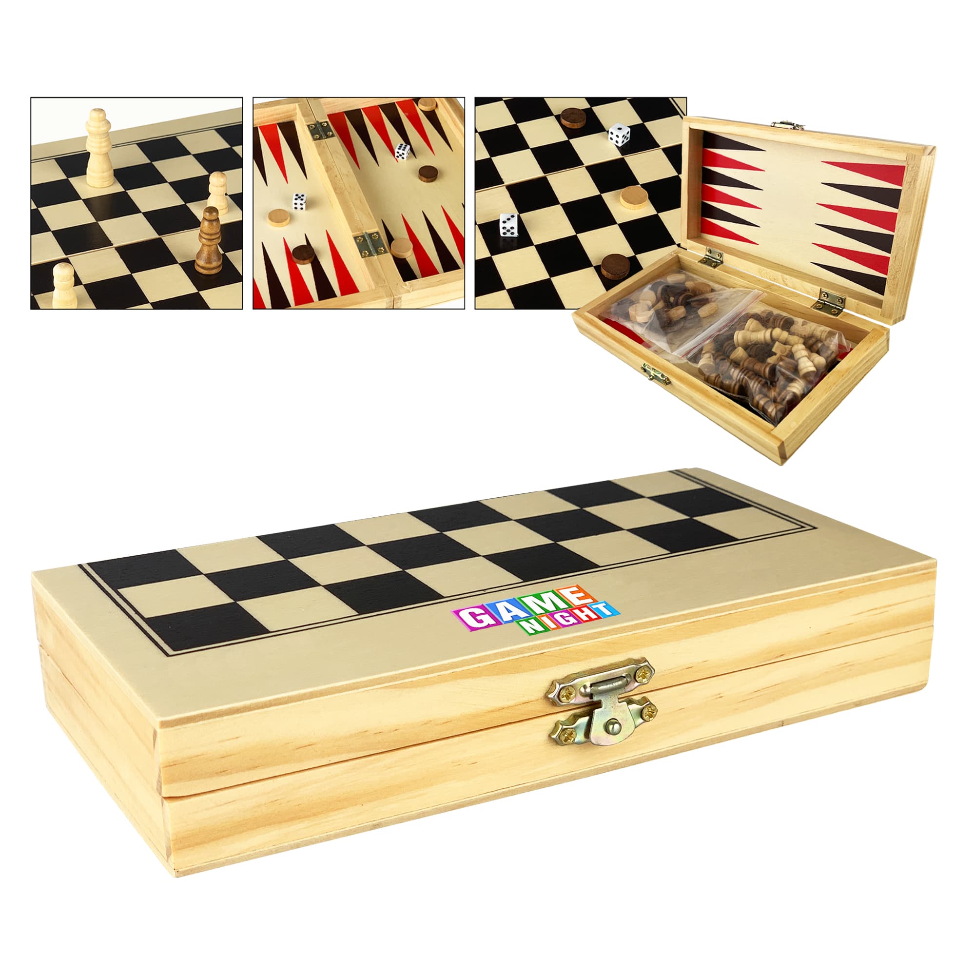 A 3-in-1 wooden play case in natural wood, featuring games like chess and backgammon, with a branded logo. 3 in 1 Wooden Play Case - Image 1