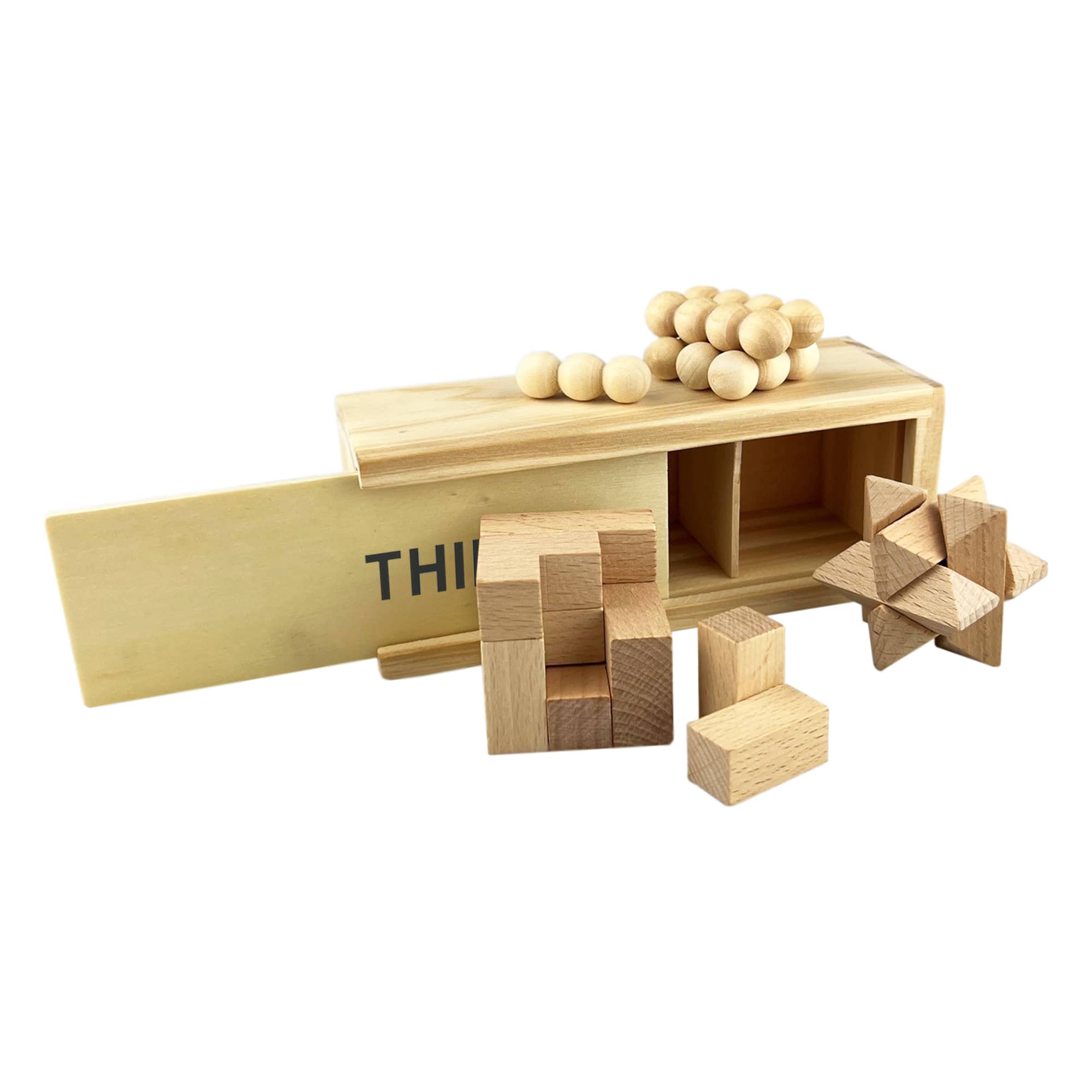 A wooden brain teaser puzzle set featuring various geometric pieces, including blocks and spheres, in natural wood tones. 3 in 1 Wooden Brain Teaser - Image 1