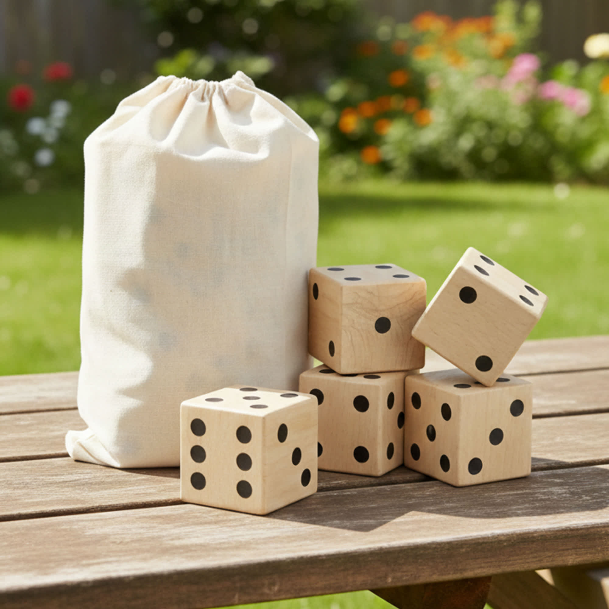 A wooden yard dice set with five large dice and a drawstring canvas bag, set on a wooden table outdoors. Wooden Yard Dice set - Image 1
