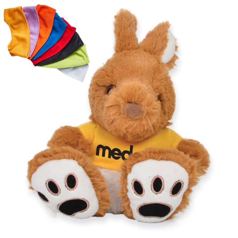 A plush kangaroo toy in brown with a yellow shirt and black branding, accompanied by colourful fabric accessories. Plush Kangaroo - Image 1