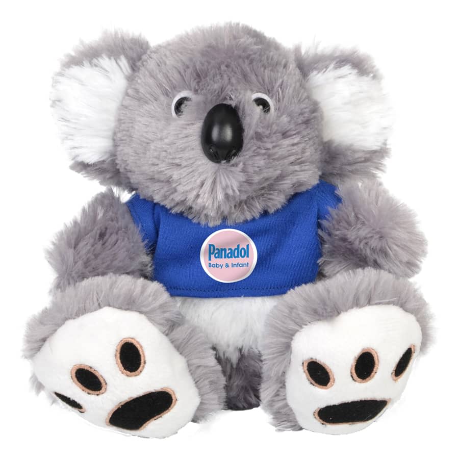 A grey plush koala with a blue shirt and white accents, featuring a small logo on the shirt. Plush Koala - Image 1