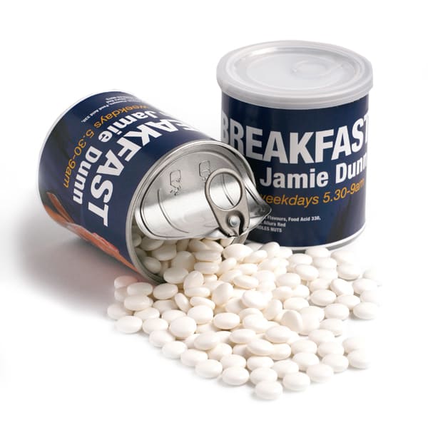 A canister with a pull tab filled with white mints, tipped over with mints spilling out. The can has a logo. Pull Can with Chewy Mints 200g - Image 1