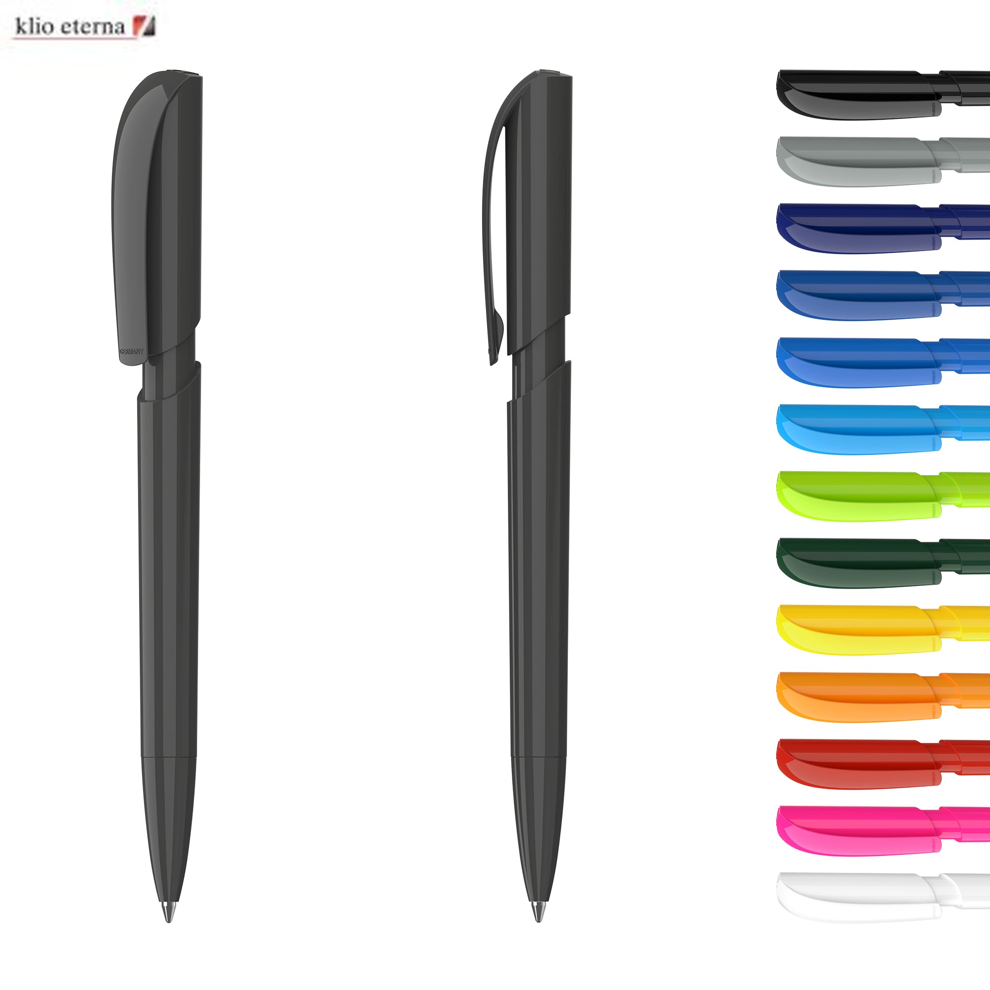 A collection of plastic pens in various vibrant colours, featuring a sleek high gloss design. Each pen has a clip and branding. Push High Gloss - Image 1