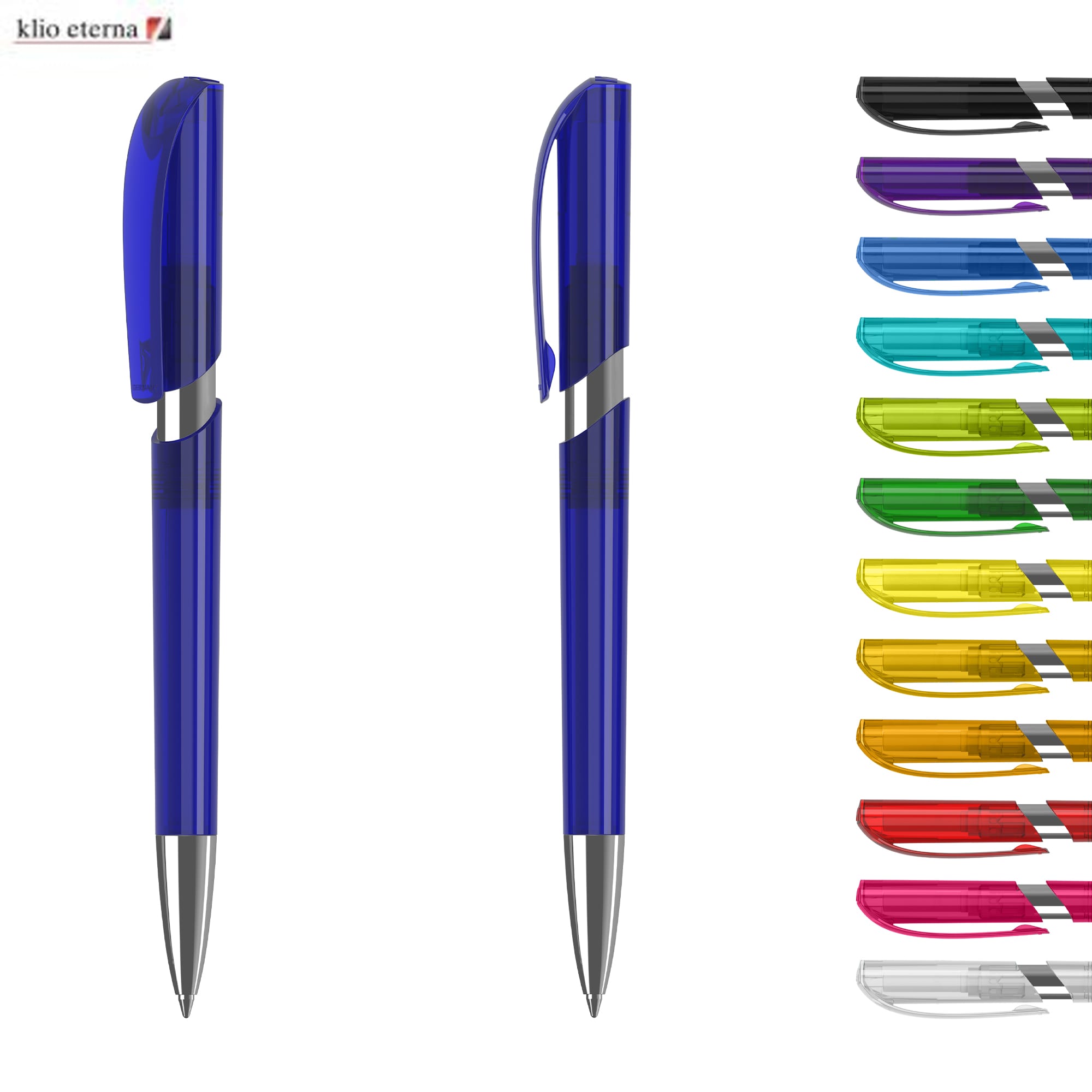 A blue plastic pen with a silver clip, alongside a selection of brightly coloured pens in various shades. Push Transparent Mn - Image 1